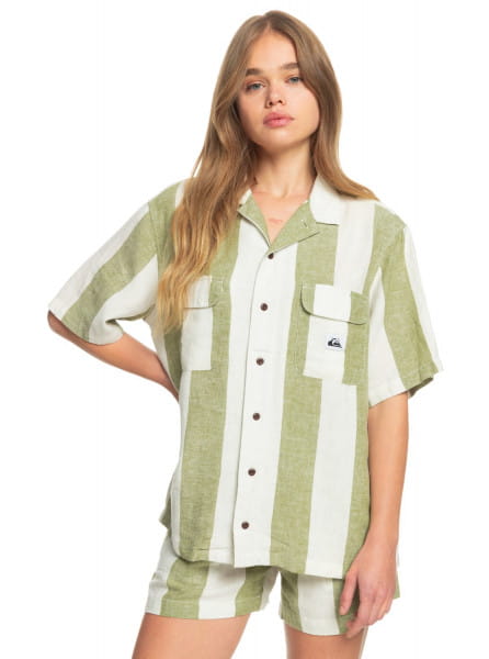 Зеленый женская льняная рубашка с коротким рукавом destination trip